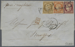 Br Frankreich: FRANCE, 1849, 1fr Dark Carmine. Margins To Just In, Used With 1850, 10c Bister And 40c O - Used Stamps