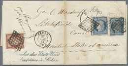 Br Frankreich: 1851, 1fr. Carmine And Two Singles 25c. Blue, All Fresh Colour, Cut Into To Huge Margins - Used Stamps