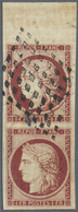 O Frankreich: 1849, 1fr. Carmine, Top Marginal Vertical Pair (faulty), Bearing Proof Strike Of Black 4 - Gebruikt