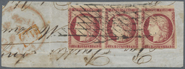 Brfst Frankreich: 1849, 1fr. Carmine, Horiz. Strip Of Three, Fresh Colour, Full Margins At Top, Other Side - Gebraucht