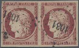 O Frankreich: 1850, Ceres 1 Fr. Carmine, Horizontal Pair Tied By PC „1031”, Good Margins All Around. M - Oblitérés