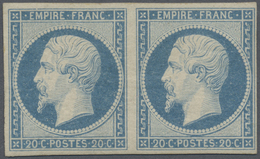 /* Frankreich: 1853 Napoléon 20 C. Blau, Type I, Im Waagerechten Paar, Ungebraucht Mit Falzspur Auf Ori - Oblitérés