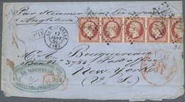 Br Frankreich: 1853, Napoléon 80 C. Carmin, Horizontal Strip Of 5 (part Of Right Stamp Missing), Mostly - Oblitérés