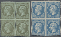 /* Frankreich: 1862 'Napoléon' 1 C. Grünoliv Und 20 C. Blau Je Im Ungebrauchten Viererblock, Rückseitig - Gebruikt