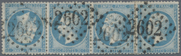 O Frankreich: 1862, 20c. Blue "Empire Dentele", Tête-bêche Pair Within A Strip Of Four (slightly Folde - Oblitérés