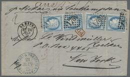 Br Frankreich: 1875, 20c. Blue "Ceres", Two Vertical Pairs, 1fr. Rate On Lettersheet From Le Havre To N - Oblitérés