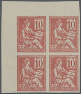 (*) Frankreich: 1900, 10c. Carmine-rose "Mouchon", IMPERFORATE Marginal Block Of Four From The Upper Lef - Gebruikt