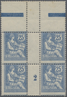 /** Frankreich: 1902 'Mouchon II' 25 C. Blau Im Zwischensteg-Viererblock Mit Nr. "2" (Millesimes) Und Le - Gebruikt