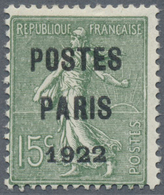 * Frankreich - Vorausentwertungen: 1922, 15 C. Green With Overprint "POSTES / PARIS / 1922" Unused In - Altri & Non Classificati