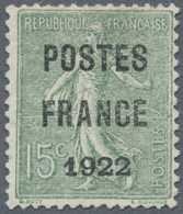 (*) Frankreich - Vorausentwertungen: 1922, 15 C. Green With Overprint "POSTES / PARIS / 1922" Unused Wit - Sonstige & Ohne Zuordnung