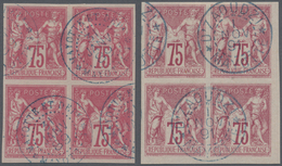 /O Französische Kolonien - Allgemeine Ausgabe: 1877-79: Zwei Gestempelte Viererblocks Der 75 C. Geschni - Other & Unclassified