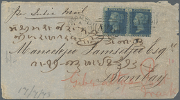 Br Gibraltar: 1858, A Pair Of QV 2 D Blue, Plate 14 On Envelope (cover Some Faults) Tied By Duplex "GIB - Gibilterra