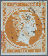 O Griechenland: 1861, Hermes Head 10 Lepta Orange On Bluish, Having Full Margins, With Number Cancella - Briefe U. Dokumente