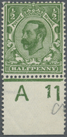 * Großbritannien: 1911, ½d. Yellow-green, Bottom Marginal Copy With Control "A 11" (corner Fault At Up - Autres & Non Classés