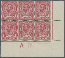 **/* Großbritannien: 1911, 1d. Carmine, Block Of Six From The Lower Right Corner Of The Sheet With Contro - Other & Unclassified
