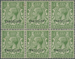 ** Großbritannien: 1924, ½d. Green, Wm Block Cypher, Block Of Six With "Cancelled" Overprint (type 28), - Autres & Non Classés