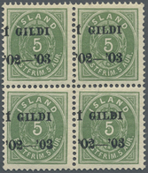 ** Island: 1902, Gildi Overprints, 5a. Green, Perf. 12¾, BLACK Overprint, Block Of Four, Bright Colour, - Altri & Non Classificati