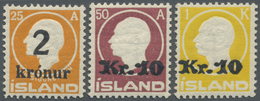 ** Island: 1924/1926, Drei Aufdruckwerte Mit 2 Kr. Auf 25 A. Orange, 10 Kr. Auf 50 A. Lilarot Bzw. Auf - Andere & Zonder Classificatie