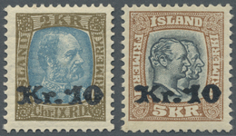 ** Island: 1929/1930, Zwei Aufdruckwerte Mit 10 Kr. Auf 2 Kr. Olivbraun/hellblau Bzw. Auf 5 Kr. Hellbra - Andere & Zonder Classificatie