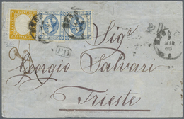 Br Italien: 1863: 80 C Yellow In Rare (unique) Combination With Two 15 C. Blue "litografico" On Double - Marcofilie
