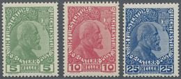 ** Liechtenstein: 1912, Freimarken 5 H. Dunkelgrün, 10 H. Dunkelrosarot Und 25 H. Dunkelkobalt, Gewöhnl - Briefe U. Dokumente