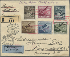 Br Liechtenstein: 1930, Flugzeug über Landschaften, Kompl. Satz Auf Brief Mit Rotem R3 "1.Postflug VADU - Lettres & Documents