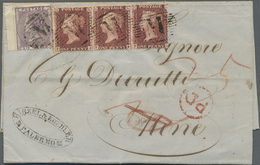 Br Malta: 1856, QV 6 D. Purple-violet And 1 D.red In Block Of Three (FJ-FL) Tied By Barr-canc. "M" And - Malta