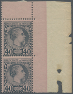 ** Monaco: 1885, 40 C Blue On Rose Vertical Corner Margin Pair, Hinge In Margin - Ungebraucht