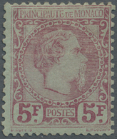 * Monaco: 1885, 5 Fr Carmine On Greenish Unused With Rest Of Hinge, Signed And Certificate (1963) - Ungebraucht
