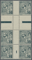 ** Monaco: 1921, 5 Fr Dark Green Center Piece In Block Of Six, Fold In The Upper Perforation, Mint Neve - Ungebraucht