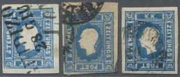 O Österreich: 1858, Zeitungsmarke 1.05 Kr. Blau, Drei Gestempelte Farbfrische Werte, Schmal- Bis überr - Neufs