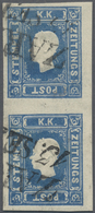 /O Österreich: 1858: 1,05 Kr. Blau, Sehr Breitrandiges Senkrechtes Luxuspaar Mit Klarem L2 "ZARA 13/SET - Unused Stamps