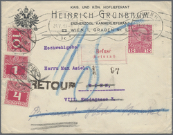 Br Österreich - Portomarken: 1913, Portogerechter R-Ortsbrief In Wien, Empfänger Verzogen Nach RUMÄNIEN - Postage Due