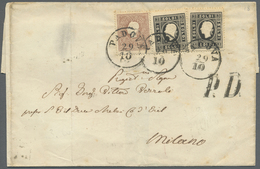 Br Österreich - Lombardei Und Venetien: 1859 10 So. Lilabraun In Kombination Mit Zwei Einzelmarken 3 So - Lombardo-Vénétie