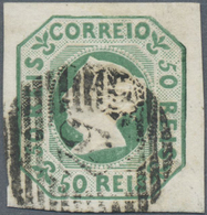 O Portugal: 1853, Queen Maria II. 50 R. Blue Green, Good To Wide Margin All Around, Used With Numeral, - Storia Postale