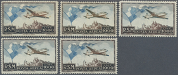 * San Marino: 1951, 1000l. Airmail Stamp, Five Copies, Mint O.g. Sass. PA99, 3.000,- €. - Unused Stamps