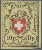 (*) Schweiz: 1850 Rayon II 10 Rp. Schwarz/rot/gelb, Type 5 Vom Stein E-LO Mit 'Plattenfehler' "Obere Ran - Ongebruikt