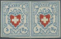 /(*) Schweiz: 1850: Paar 5 Rp. Rayon I Hellblau/rot, Typen 23+24 Vom Stein C1 (LO), Ringsum Breitrandig M - Ungebraucht