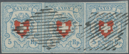 O Schweiz: 1851: 5 Rp Hellblau/rot, Stein C1, Dünnes Papier, Waagerechter Dreierstreifen, Farbfrisch, - Neufs