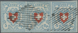 O Schweiz: 1851: 5 Rp Hellblau/rot, Stein C1, Dünnes Papier, Waagerechter Dreierstreifen, Farbfrisch, - Unused Stamps