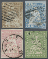 O Schweiz: 1854-62 Strubel-Kurzsatz Mit 5 Rp. Und 10 Rp. Je Auf Dünnem Seidenpapier, Je Einseitig Etwa - Neufs