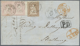 Br/Brfst Schweiz: 1857 Briefhülle Von Lausanne Nach Straßburg, Frankiert Mit Paar 15 Rp. Blassrosa, Bogenrand - Unused Stamps