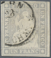 O Schweiz: 1855 Strubel 1 Fr. Grau Mit Schwarzem Seidenfaden, Gebraucht 1859 Und Gestempelt Mit Ortsst - Unused Stamps