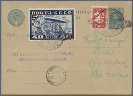 Br Sowjetunion: 1930, Graf Zeppelin Set With 40kop. Blue (perf. 12½) Used On 3kop. Stat. Postcard (+ Ad - Lettres & Documents