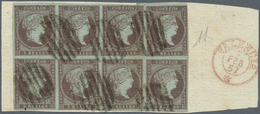 Brfst Spanien: 1855, 2 R Brown-violet Block Of Eight On Piece, Cancelled With Bar Handstamp And Besides Re - Usati