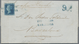 Br Spanien: 1857,"ESTRANGERO BARCELONA" Blue Spanish 2-line Cancel On QV 2 Pence Blue On Complete Entir - Oblitérés
