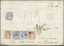 Br Spanien: 1870, Hispania 3x 50 M Blue, 100 M Red-brown (round Corner) And 200 M Brown On Folded Envel - Used Stamps