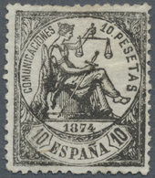 * Spanien: 1874, Allegorie 10pta. Black, Mint Heavy Hinged With Some Uneven Perf. On Top, Very Scarce - Gebraucht