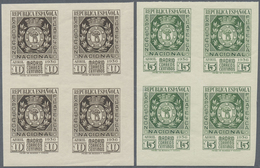 ** Spanien: 1936, Philatelic Exhibition, 10c. Brownish Black And 15c. Green, Blocks Of Four, Unmounted - Gebruikt