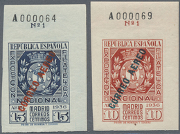 ** Spanien: 1936, Philatelic Exhibition Airmails, 10c. Red And 15c. Blue, Top Marginal Copies With Shee - Used Stamps